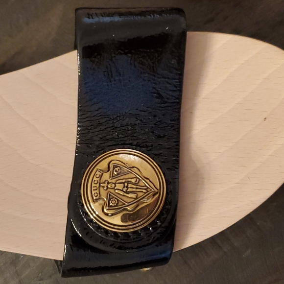 Gucci Hysteria Accent Patent Leather Slides sandals wooden heel size 7 1/2 - Picture 4 of 8